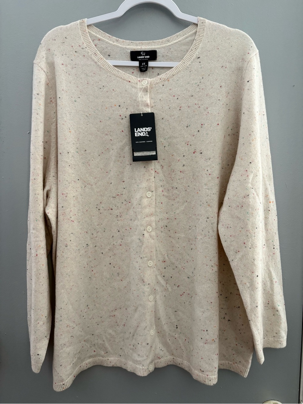 NWT Lands' End 100% Cashmere Cardigan Sweater Oatmeal Fleck Donegal Speckle
